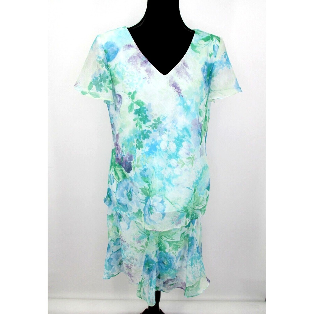 Karin Stevens Vintage 2pc Blouse Skirt Set Blue Floral Ruffle Cottagecore 14